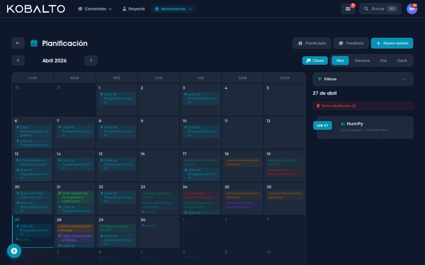 Planificación y agenda del alumno