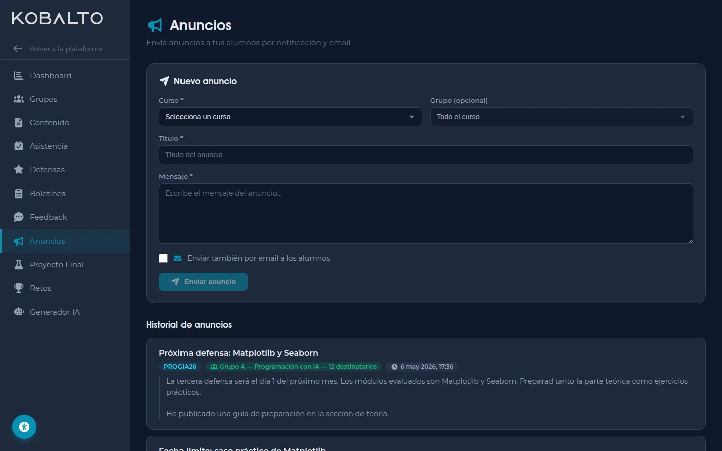 Tablón de anuncios para el grupo
