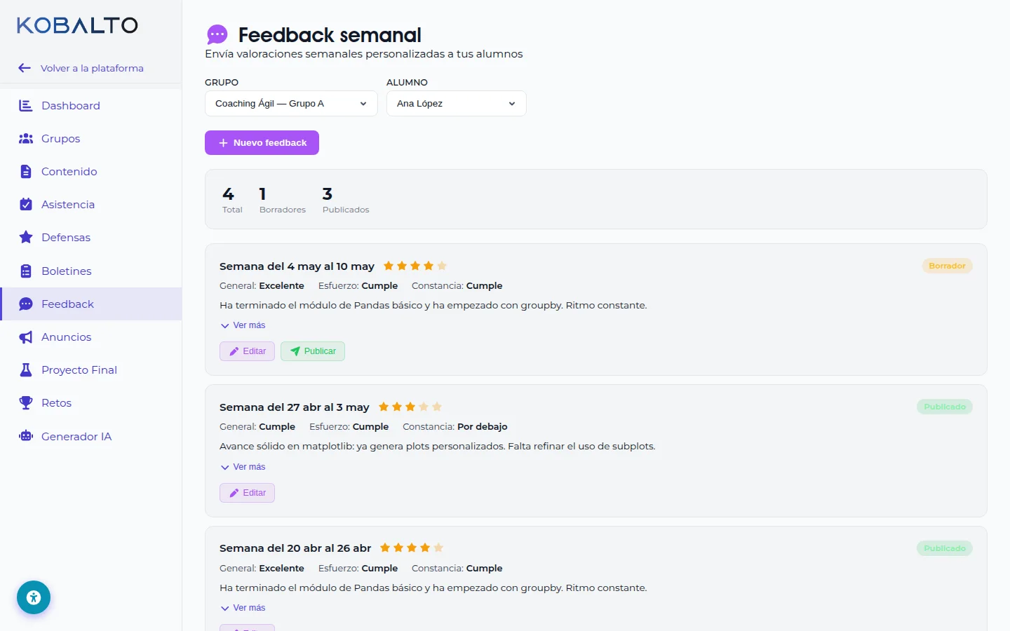 Feedback a alumnos