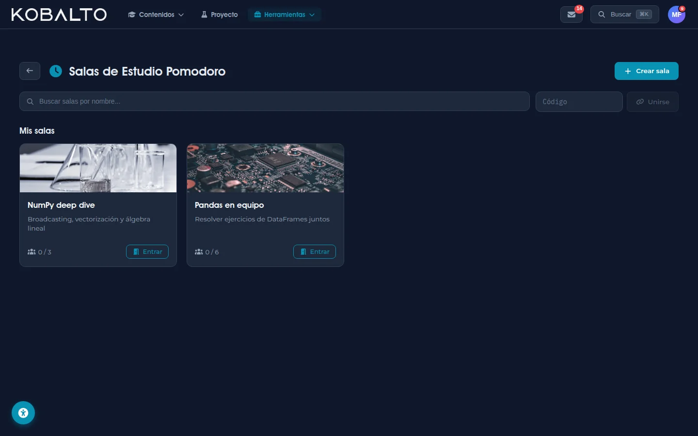 Salas Pomodoro disponibles