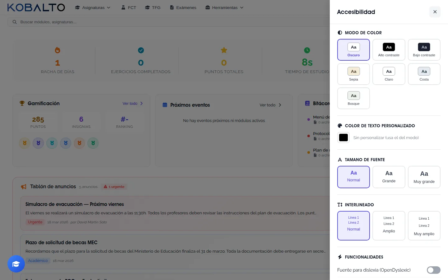 Opciones de accesibilidad del alumno