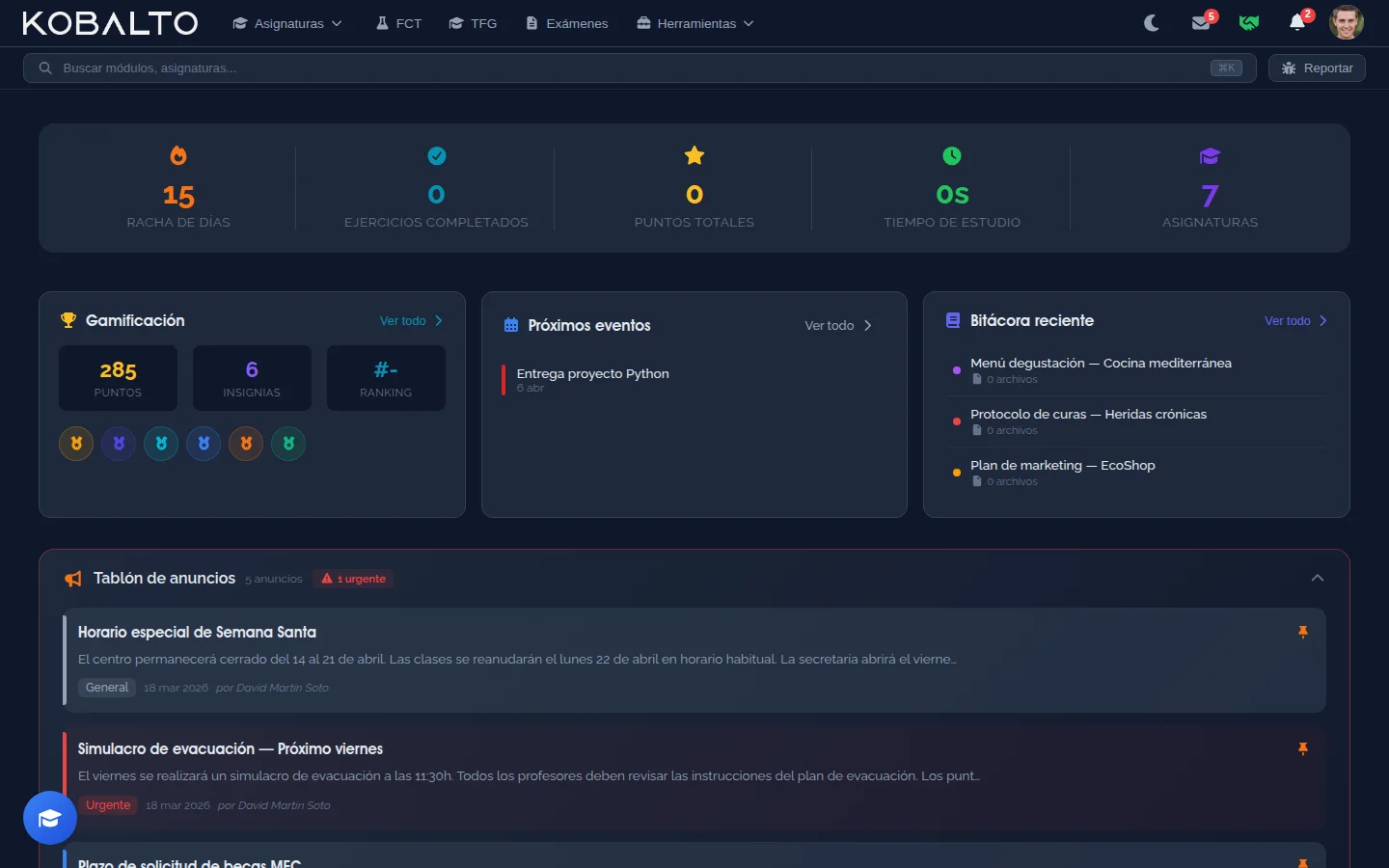 Dashboard del alumno en modo oscuro