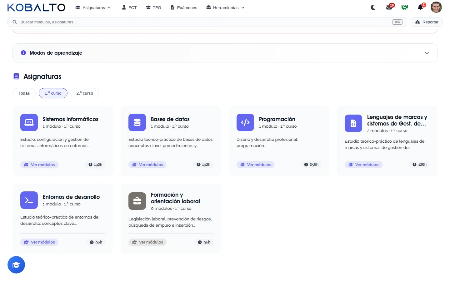 Vista extendida del dashboard del alumno