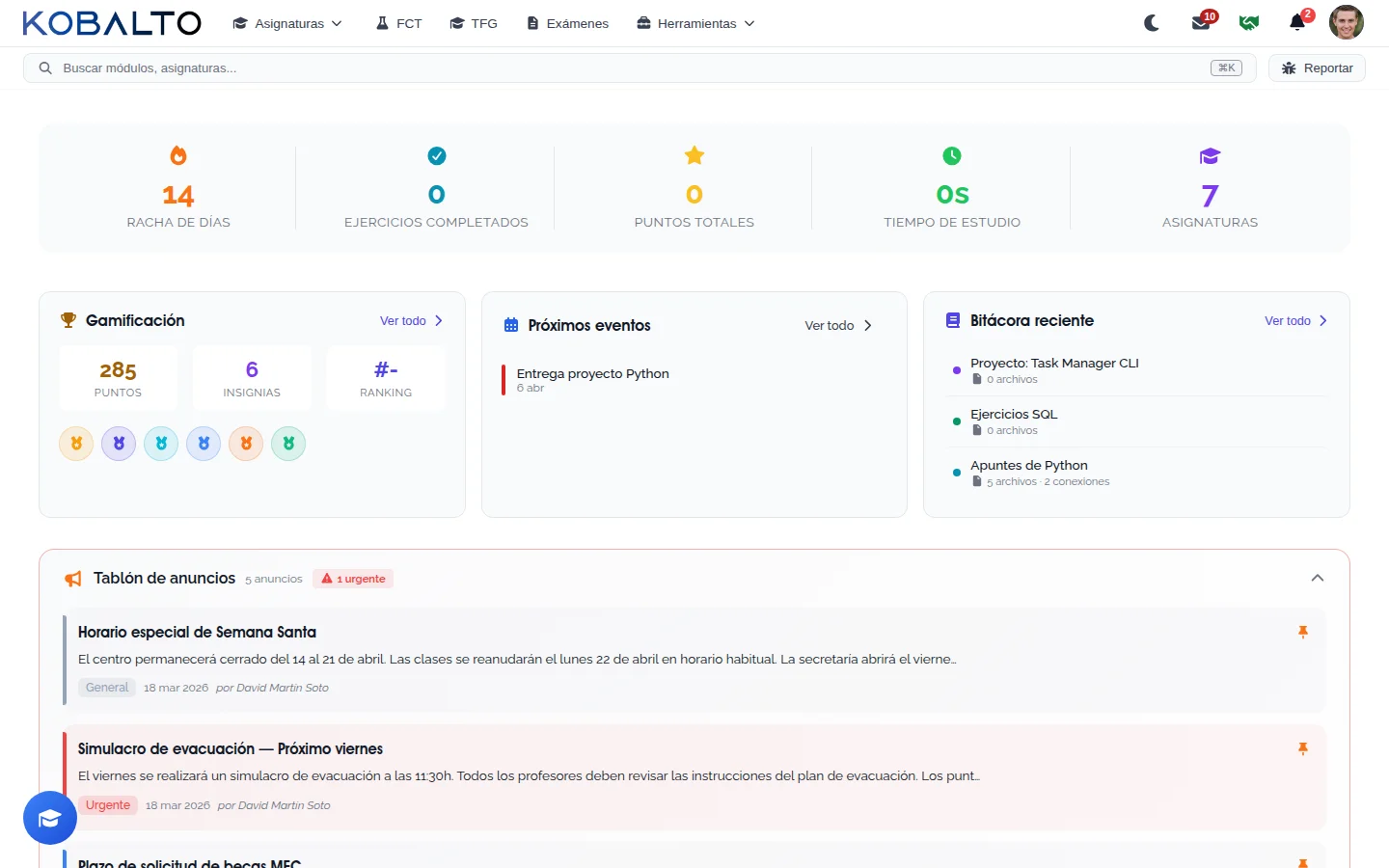 Dashboard del alumno en Kobalto FP