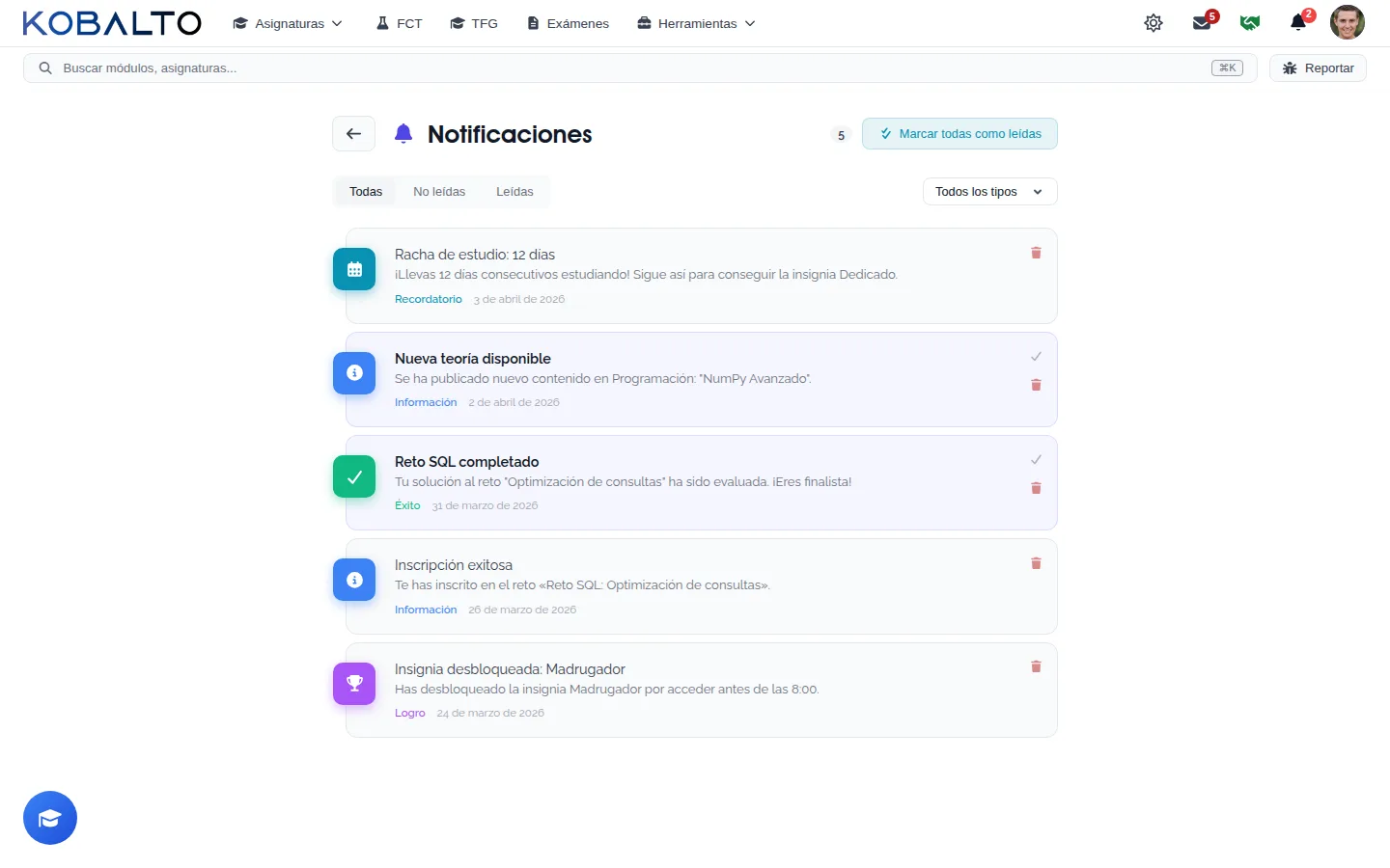 Centro de notificaciones del alumno