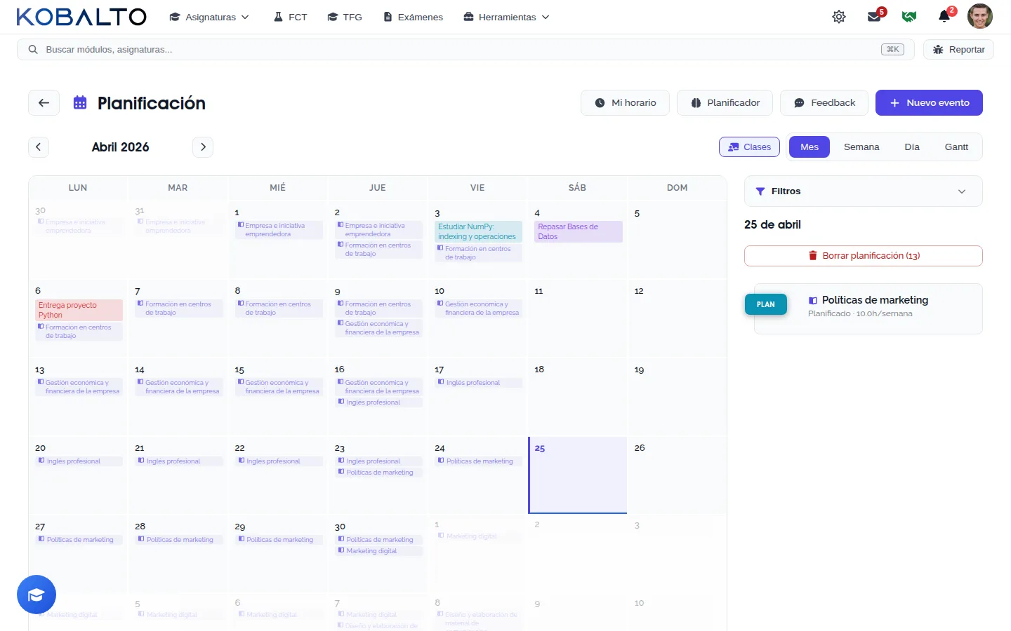 Planificación de tareas y agenda del alumno