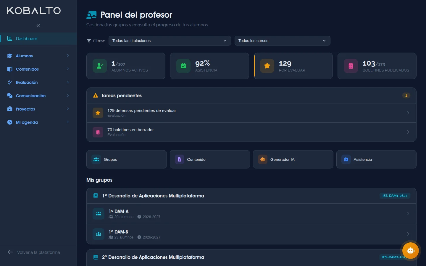 Dashboard del profesor en Kobalto FP