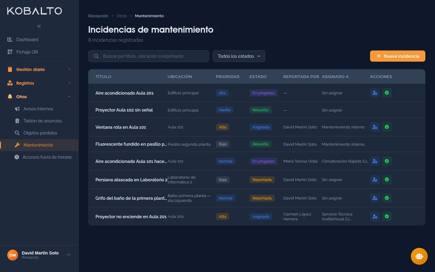 Incidencias de mantenimiento